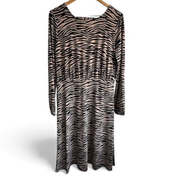 LOFT Animal Print Black and Tan Long Sleeve Midi Dress Size 6 - Picture 1 of 5